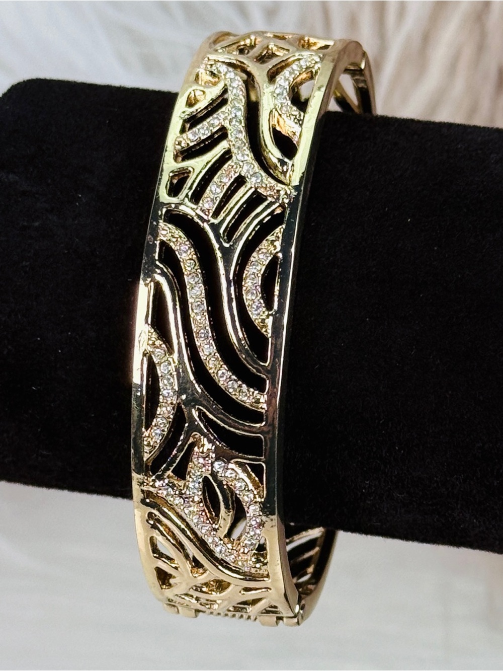 Vintage Aged Goldtone Openwork Pave Rhinestone Hinged Bangle Statement Bracelet